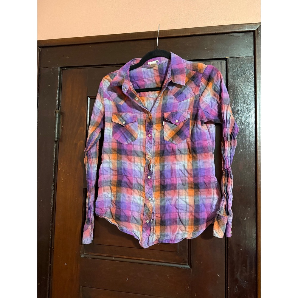 Levis Womens Purple Orange Plaid Western Snap Button Down Medium Vintage